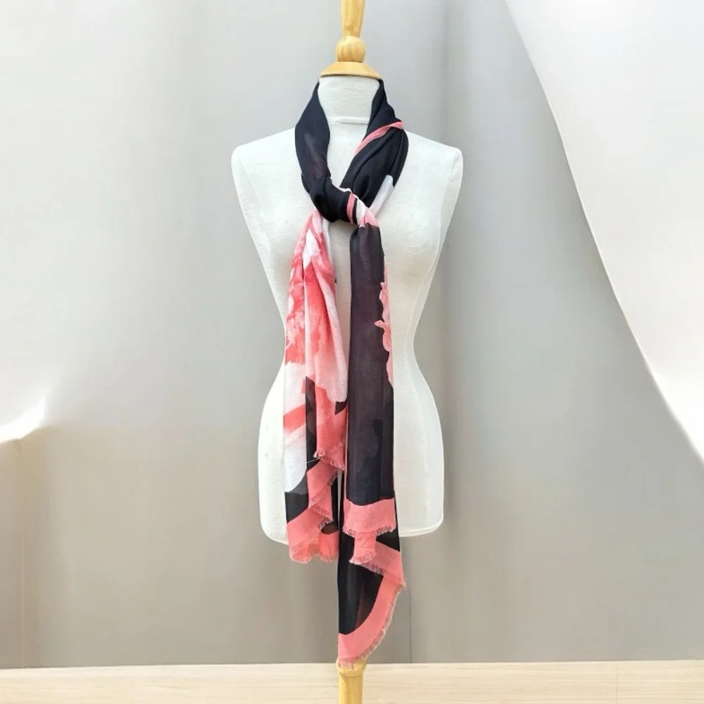 Pink & Black Floral Scarf Wrap Shawl Frayed Edge Lightweight 72 x 25